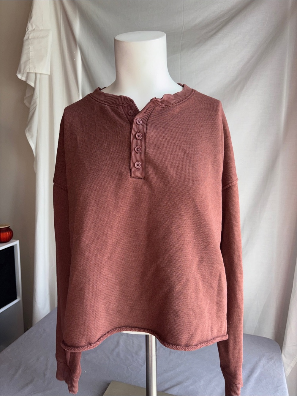 aerie Washed Henley cropped long sleeve- Brick